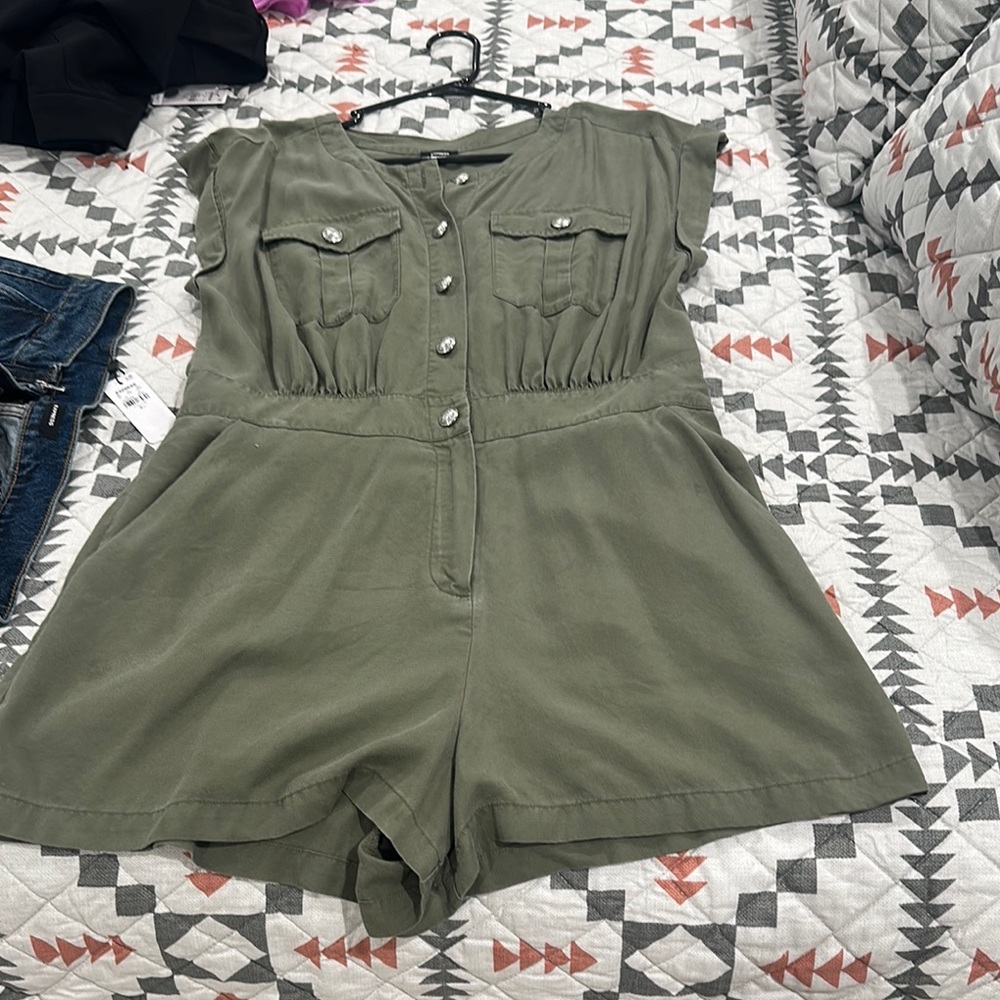 Express Green Utility Jumpsuit with Gathered Waist